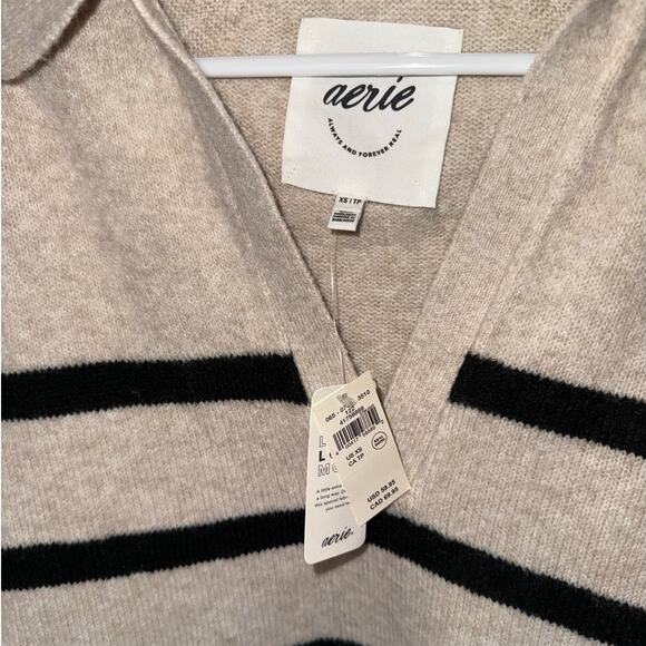 New Aerie Striped Collar V-Neck Oversized Pullover Sweater Tan size XS - Picture 4 of 6